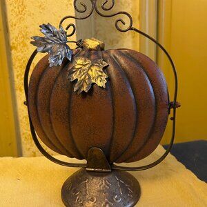 Metal Pumpkin  for decoration or serving  when closed  nice center pc , opens fo